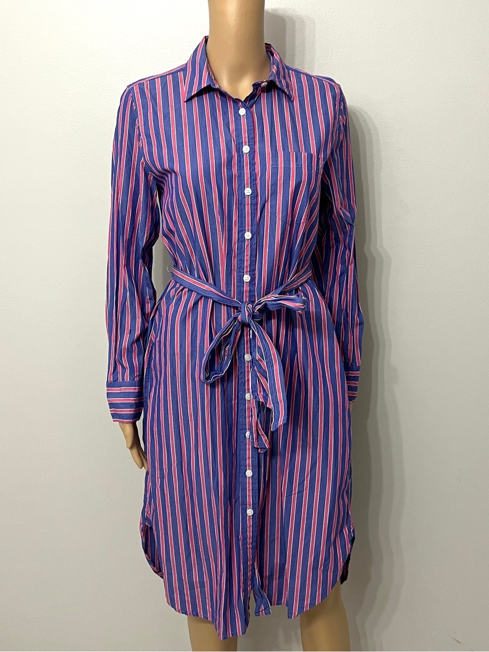 J.Crew Women’s Striped Blue Pink Cotton Shirt Dress Size 4 Belted Classic